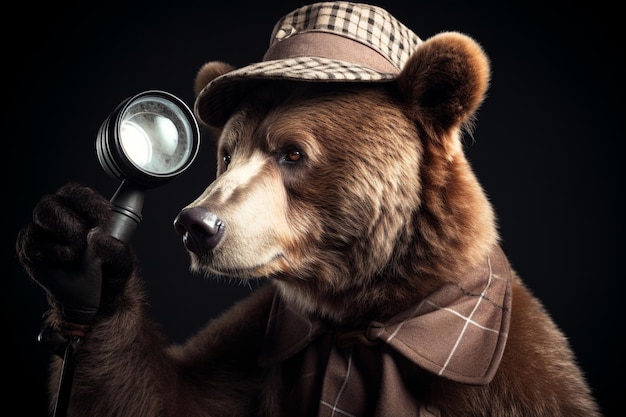 Un ours avec un chapeau et une loupe regarde une loupe.