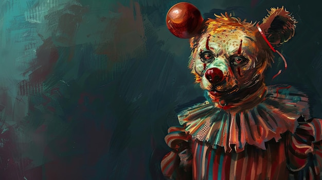 Photo un ours en costume de clown représenté dans le style d'une peinture à l'huile mascot animal sauvage zoo animal de gros plan en costume humain image drôle inhabituelle l'ours a un visage triste génératif par ai