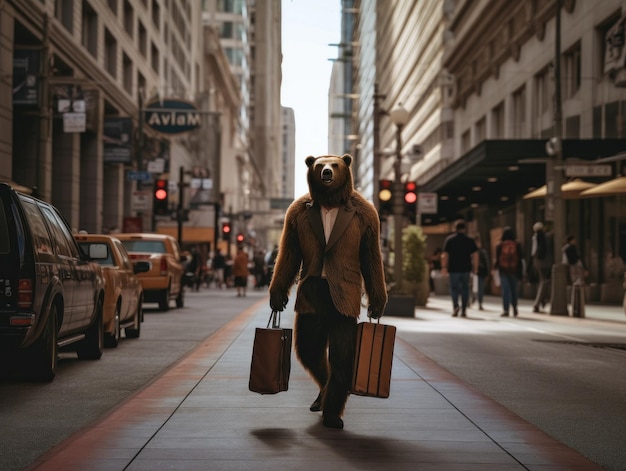 Un ours en costume d'ours marchant dans la rue Image AI générative