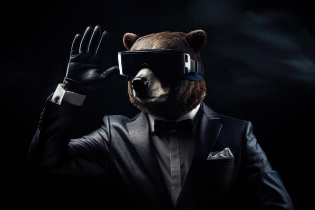 Ours en costume et réalité virtuelle sur fond noir