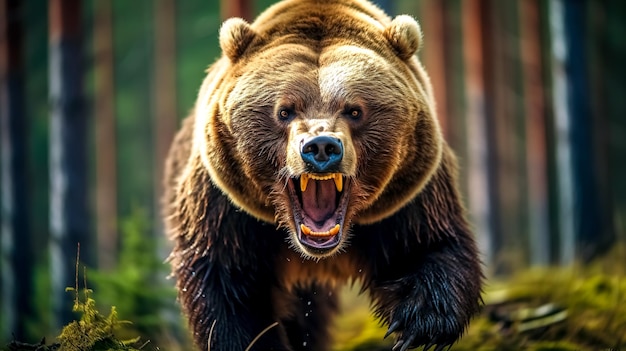 Photo ours courant en colère dans la forêt réalisé avec l'ia générative