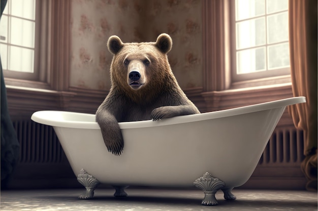 Un ours dans une baignoire avec une fenêtre derrière