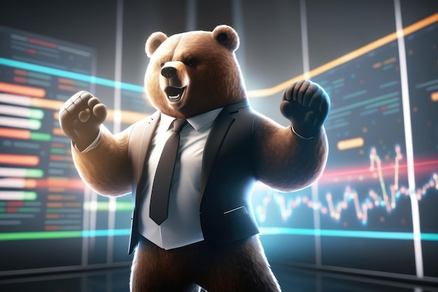 Ours dansant et célébrant avec un graphique coloré Bearish in Stock market et Crypto Generative Ai