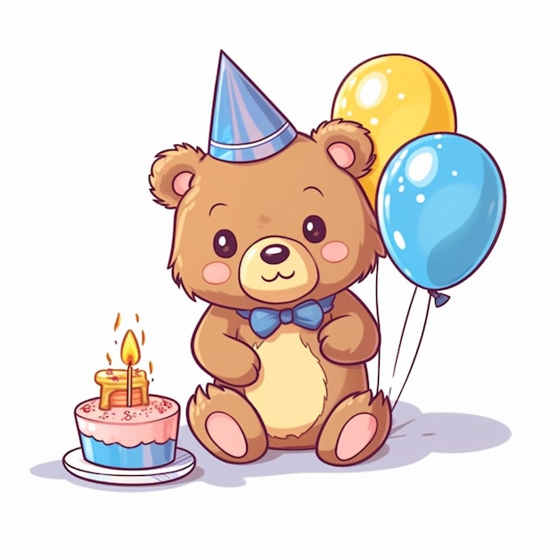 Photo ours de dessin animé avec gâteau d'anniversaire et ballons sur fond blanc