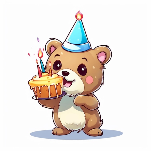 Photo un ours de dessin animé tenant un gâteau d'anniversaire avec des bougies et un chapeau de fête