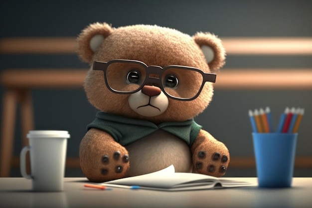 Un ours est assis à un bureau avec un crayon et une tasse de café.