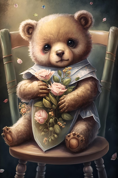 Un ours est assis sur une chaise tenant un bouquet de roses.