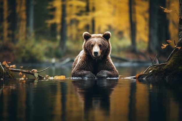 un ours est assis dans l'eau et regarde le reflet des arbres