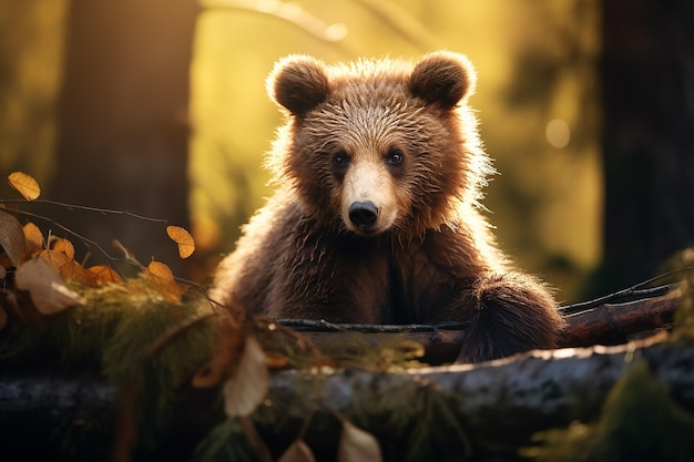 un ours est assis dans une forêt avec un arbre en arrière-plan