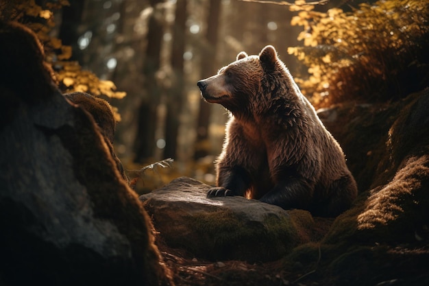 Un ours est assis sur un rocher dans les bois.