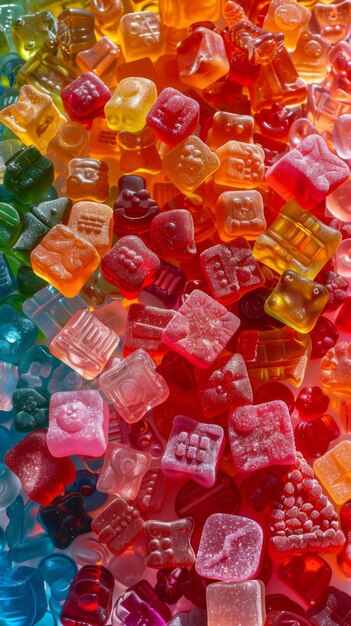 Des ours en gomme colorés empilés sur la table.