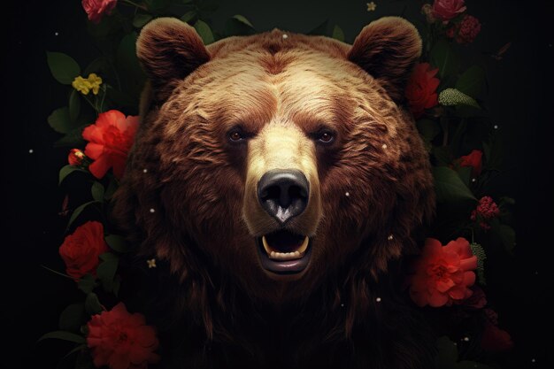 Photo l'ours grizzli brun en fleurs sur un fond noir