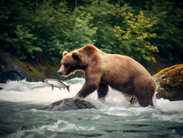 Ours grizzli dans le saumon de chasse sauvage