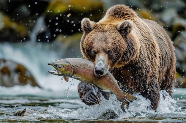 Photo l'ours grizzly attrape du saumon dans la rivière.