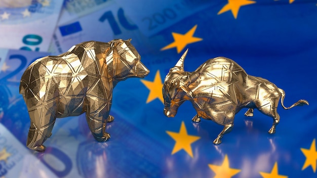 L'ours haussier d'or sur le drapeau de l'euro pour le rendu 3d du concept d'entreprise