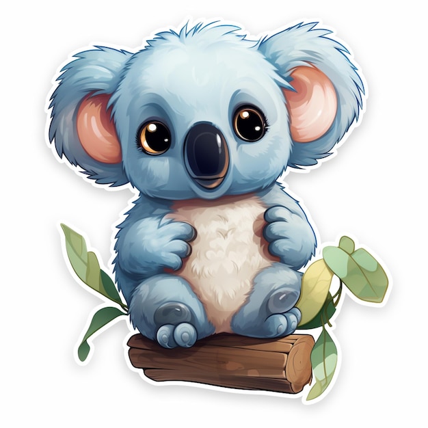 un ours koala de dessin animé assis sur une bûche avec des feuilles et une branche générative ai