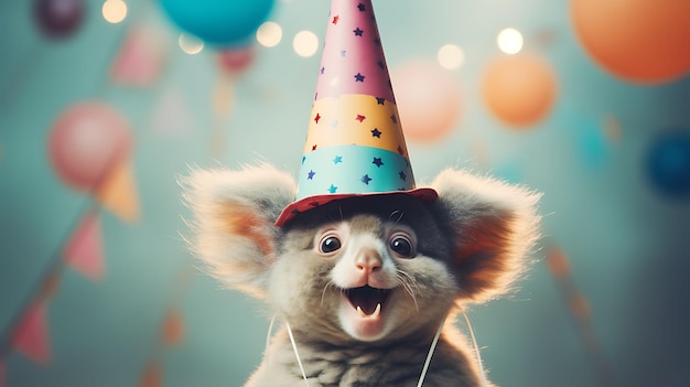 Un ours koala drôle avec un chapeau de fête d'anniversaire en arrière-plan