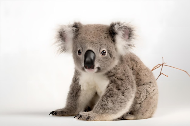 Un ours koala est assis sur un fond blanc.