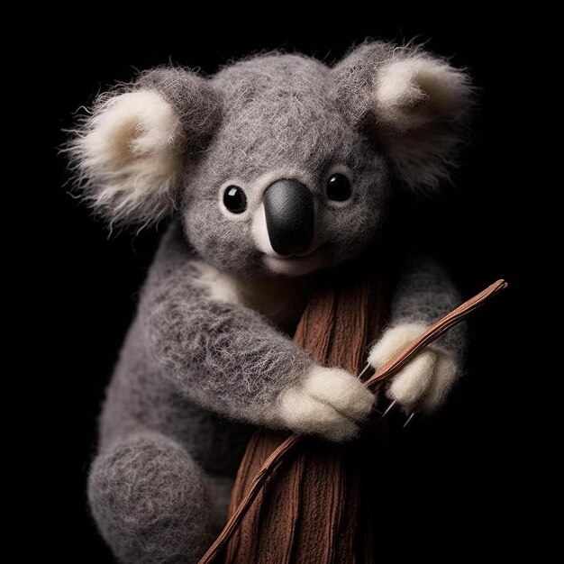 un ours koala tenant un bâton avec un bâton dans sa bouche