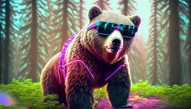 Un ours avec des lunettes fluo et une lueur violette fluo.