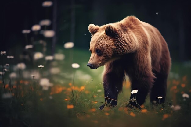 Un ours marchant dans un champ de fleurs