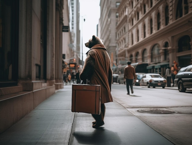 Un ours marchant dans une rue de la ville avec une valise image générative ai