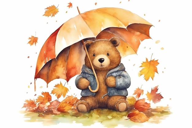 Ours mignon apporte un parapluie au jardin avec des feuilles d'automne peintes à l'aquarelle sur un fond blanc isolé Generative AI