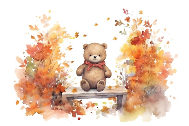 Ours mignon au jardin avec des fleurs et des feuilles d'automne peintes à l'aquarelle sur un fond blanc isolé Generative AI