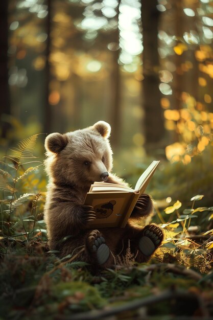 Un ours mignon lit un livre dans la forêt.