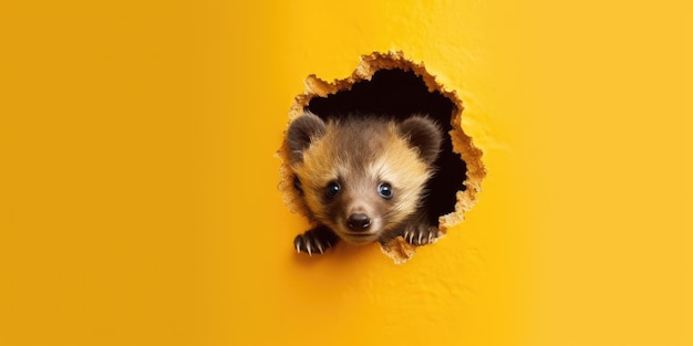 Un ours mignon regardant par un trou dans le mur, un trou déchiré, une copie vide, une maquette de cadre spatial, une image générée par l'IA.