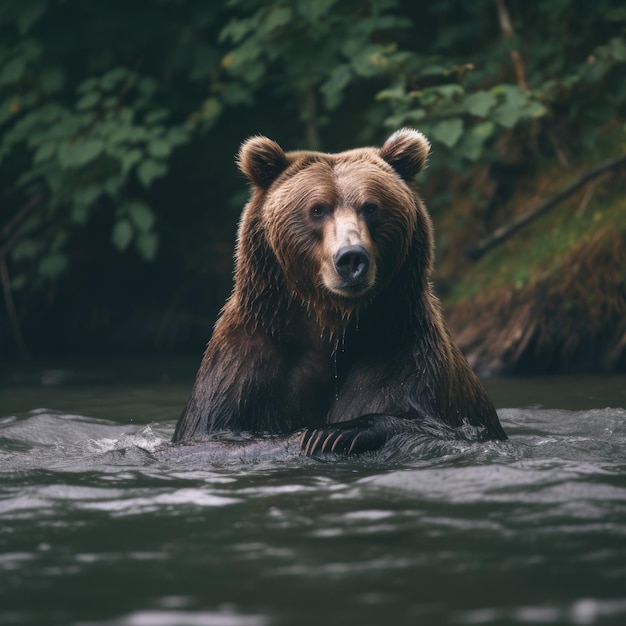 Un ours nage dans une rivière avec des arbres en arrière-plan.