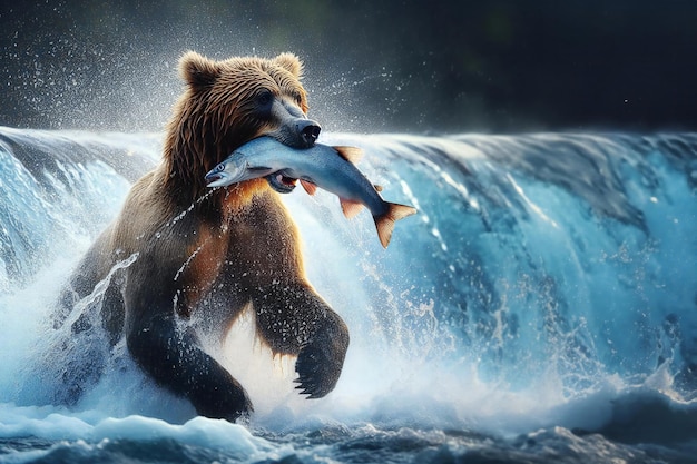 un ours nage dans une rivière avec un poisson dans sa bouche