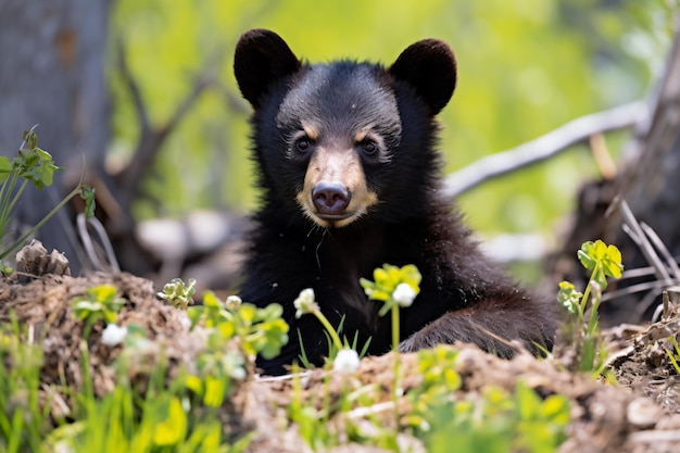 un ours noir assis dans l'herbe près d'un arbre