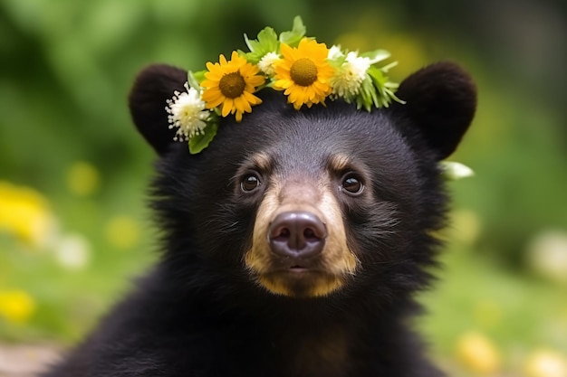 un ours noir avec une couronne de fleurs sur la tête