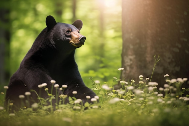 Un ours noir est assis dans une forêt avec une forêt en arrière-plan.