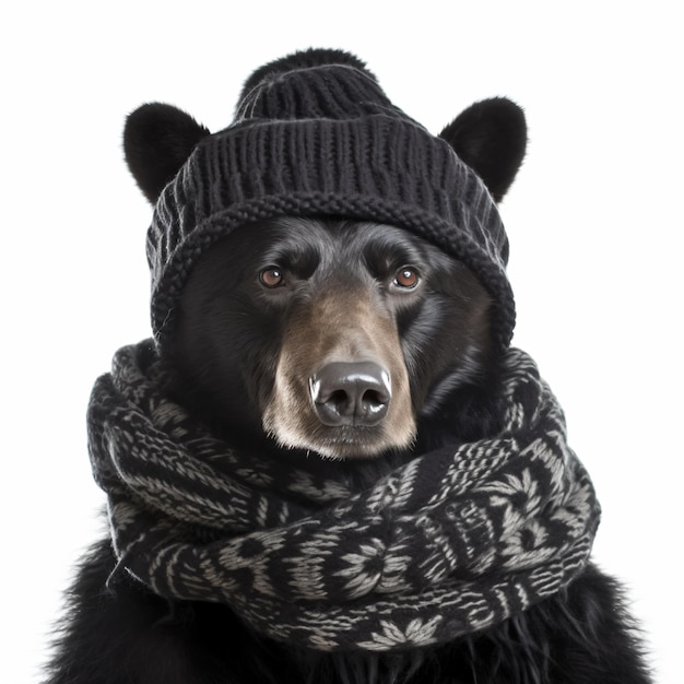 un ours noir portant un chapeau et une écharpe