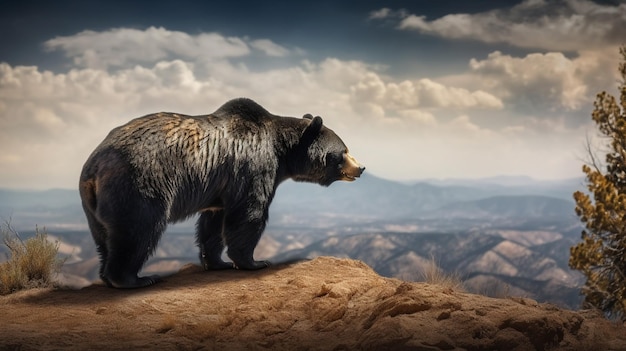 Un ours noir se dresse sur une falaise dans les montagnes
