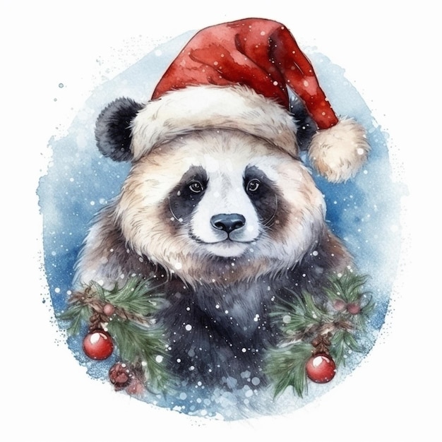 ours panda araffe portant un bonnet de Noel et une couronne avec des pommes de pin ai générative