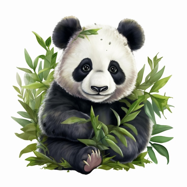 Ours panda assis dans l'herbe avec des feuilles et regardant la caméra ai générative