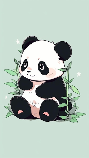 Ours panda assis sur le sol avec des feuilles de bambou et des étoiles génératives ai