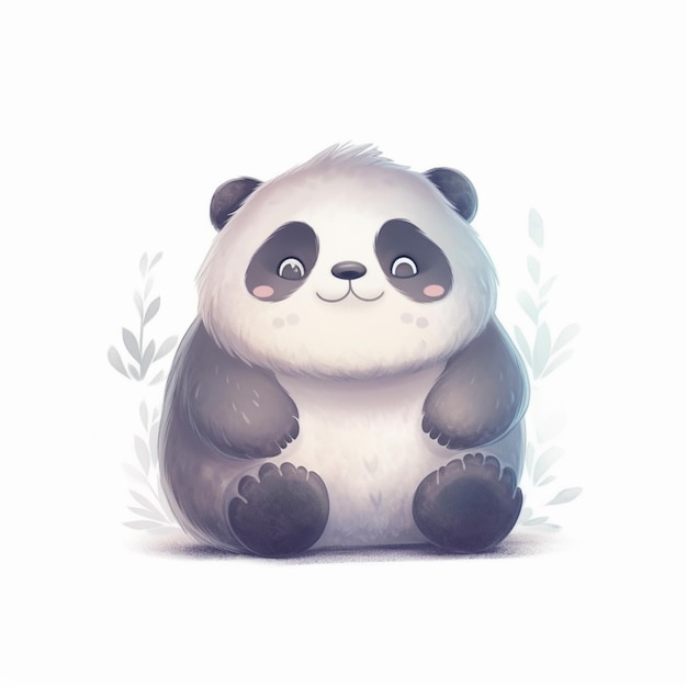 Un ours panda assis sur le sol avec des feuilles et des plantes autour de lui.