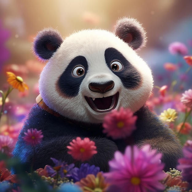 Ours panda coloré mignon souriant images de jardin de fleurs AI générative
