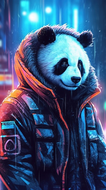 Photo ours panda cyberpunk dans la nuit