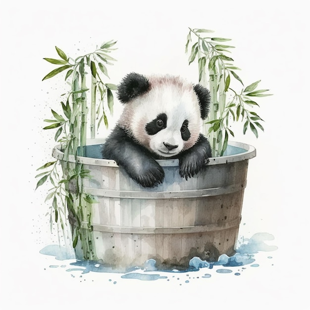 Photo ours panda dans une baignoire en bois avec du bambou et de l'aquarelle générative ai