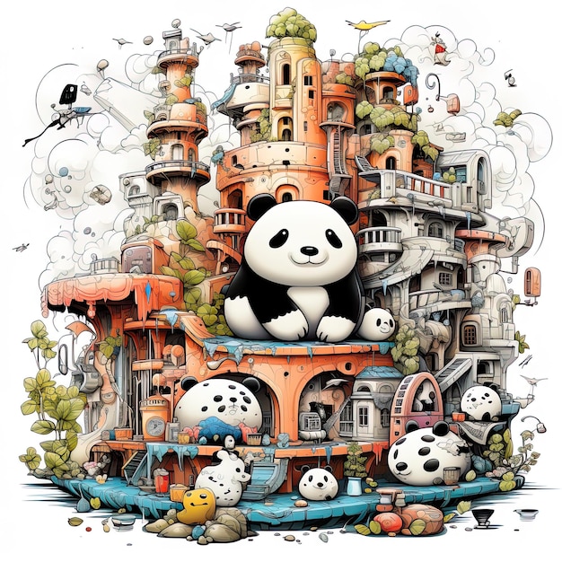 Ours panda dans un dessin animé zoologique dans le style d'architecture précise détaillée peintures énigmes complexes ruines fantastiques encre détaillée illustration AI numérique virtuel génératif