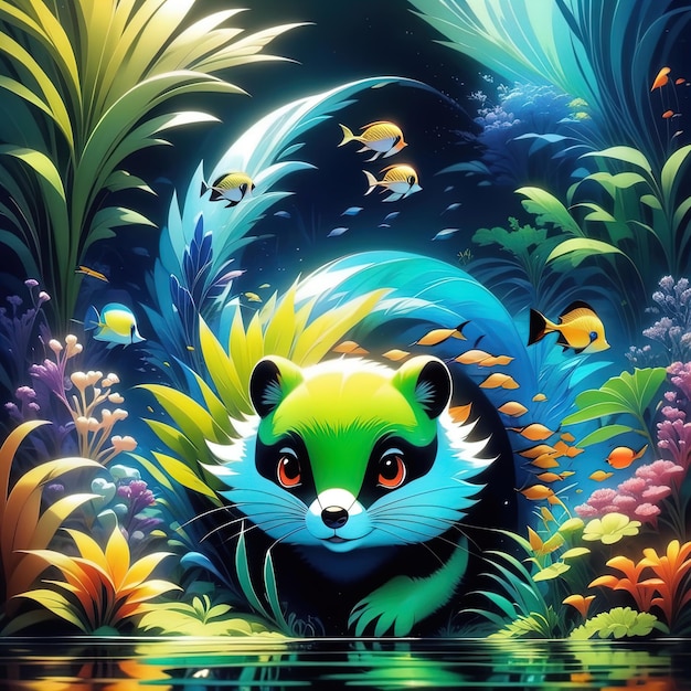 un ours panda dans une jungle colorée avec des poissons