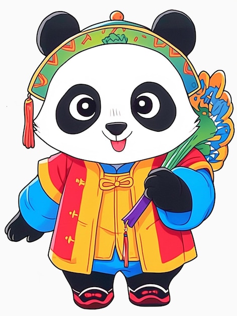 ours panda de dessin animé en costume chinois tenant un ventilateur génératif ai