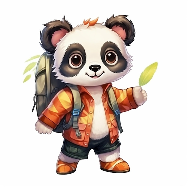 Photo ours panda de dessin animé avec sac à dos et feuille à la main