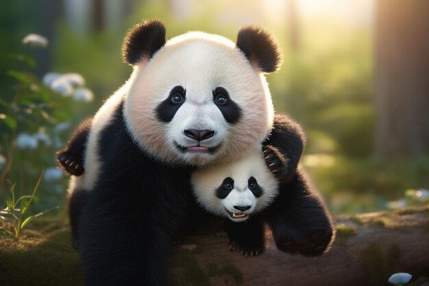 Photo un ours panda avec deux petits sur le dos