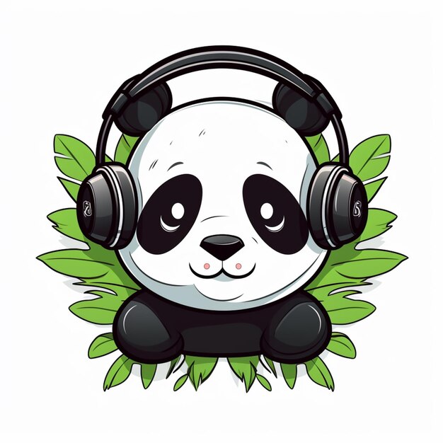 Photo un ours panda avec des écouteurs assis sur une branche à feuilles génératives